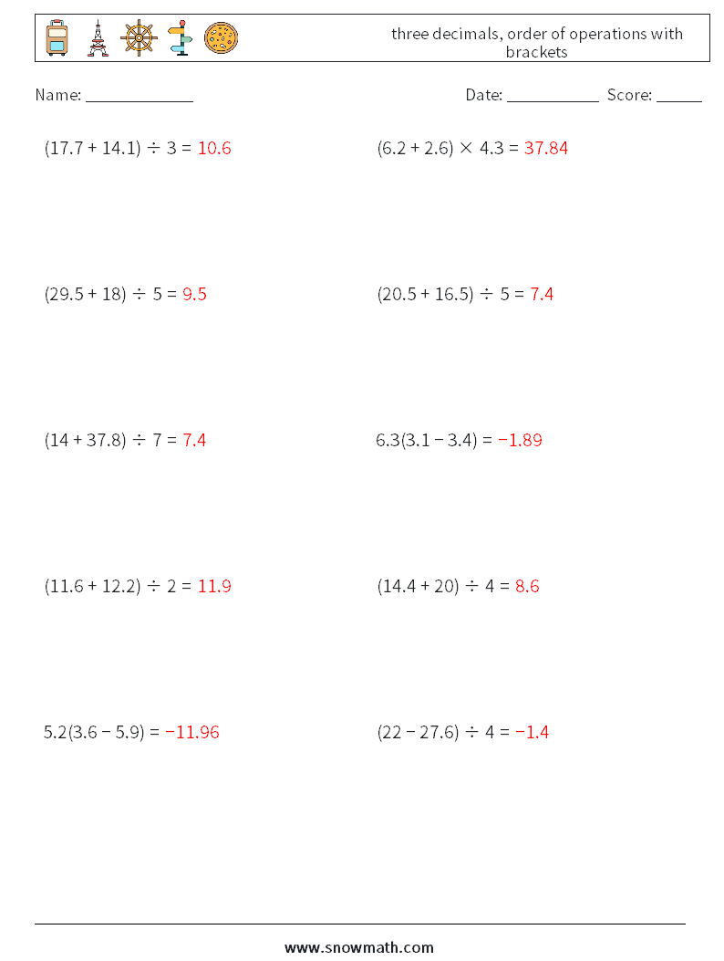 three decimals, order of operations with brackets Math Worksheets 10 Question, Answer