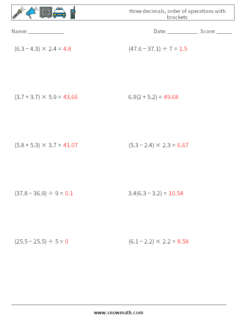 three decimals, order of operations with brackets Math Worksheets 11 Question, Answer