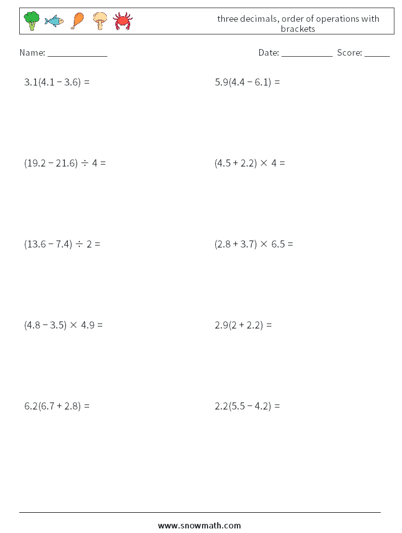 three decimals, order of operations with brackets Math Worksheets 12