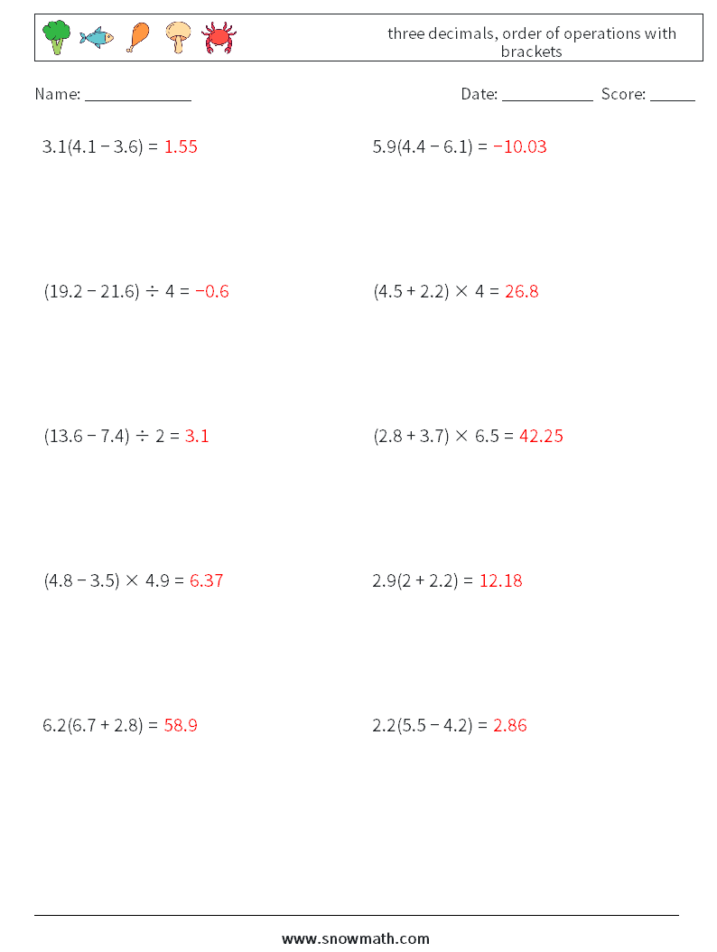 three decimals, order of operations with brackets Math Worksheets 12 Question, Answer