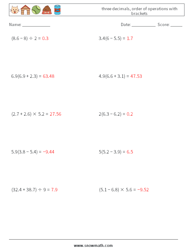 three decimals, order of operations with brackets Math Worksheets 13 Question, Answer