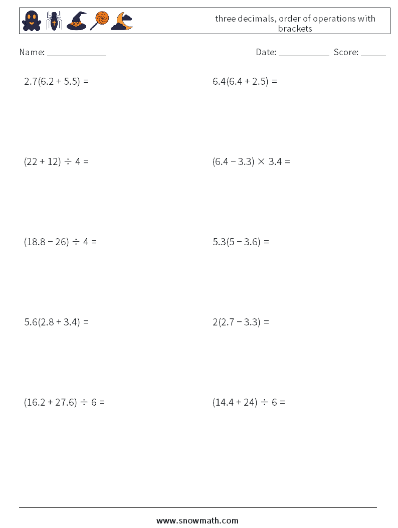 three decimals, order of operations with brackets Math Worksheets 14