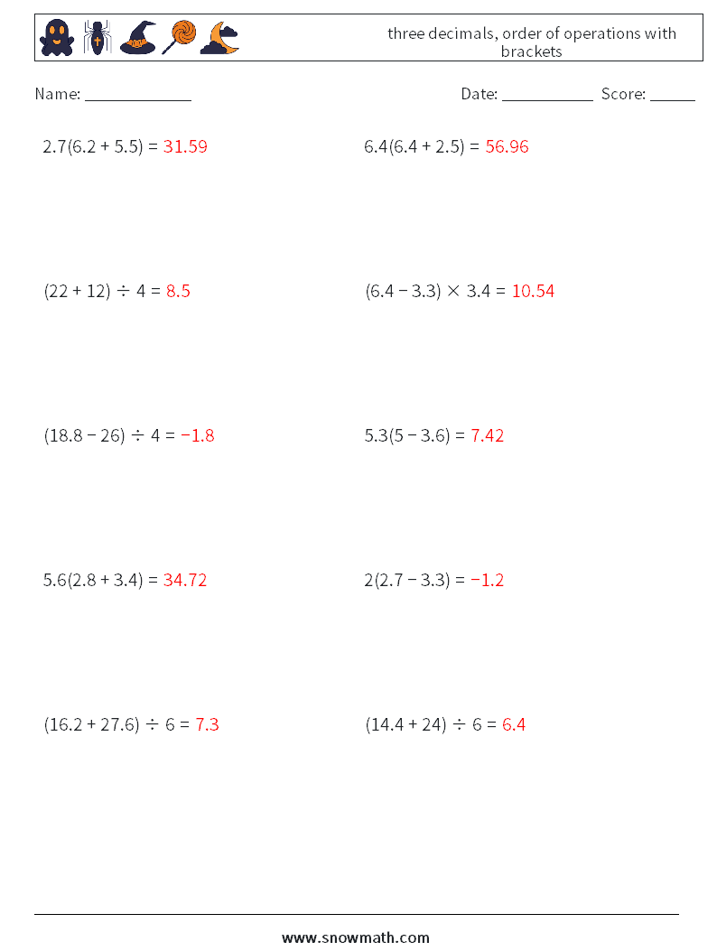 three decimals, order of operations with brackets Math Worksheets 14 Question, Answer