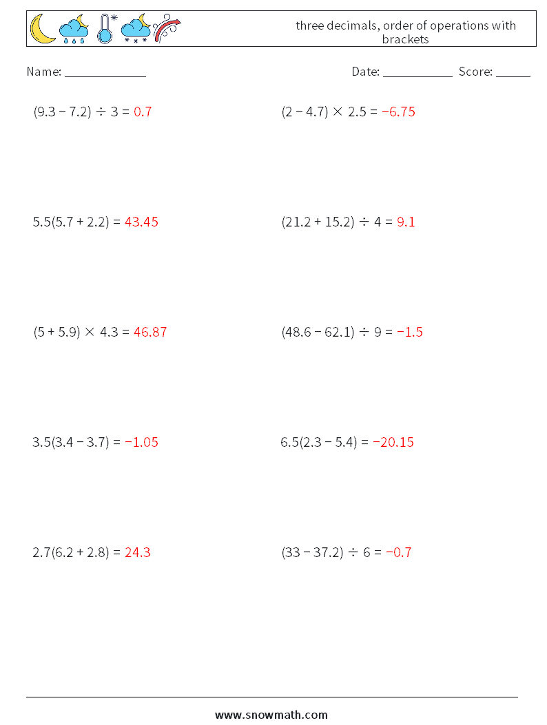 three decimals, order of operations with brackets Math Worksheets 15 Question, Answer