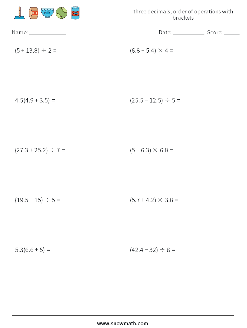 three decimals, order of operations with brackets Math Worksheets 16