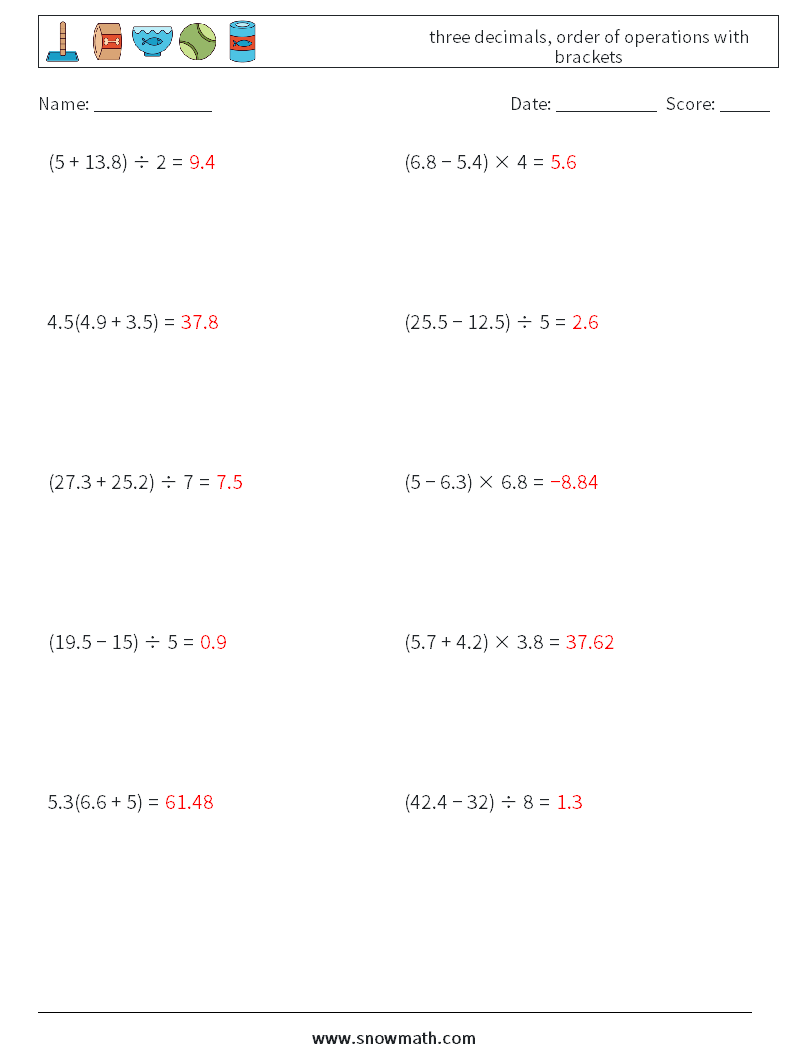 three decimals, order of operations with brackets Math Worksheets 16 Question, Answer