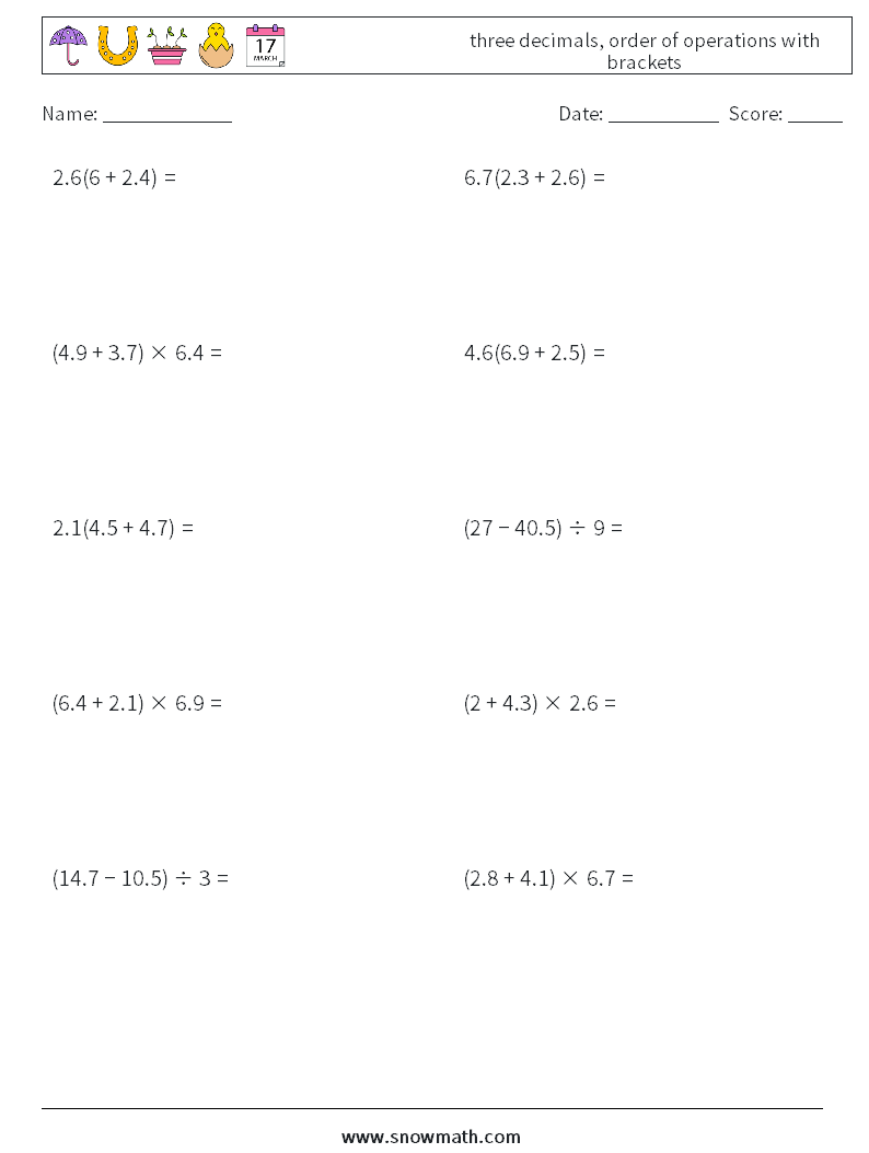 three decimals, order of operations with brackets Math Worksheets 17