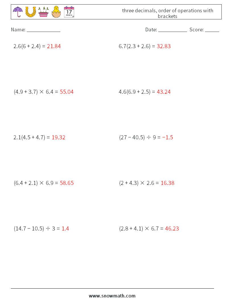 three decimals, order of operations with brackets Math Worksheets 17 Question, Answer