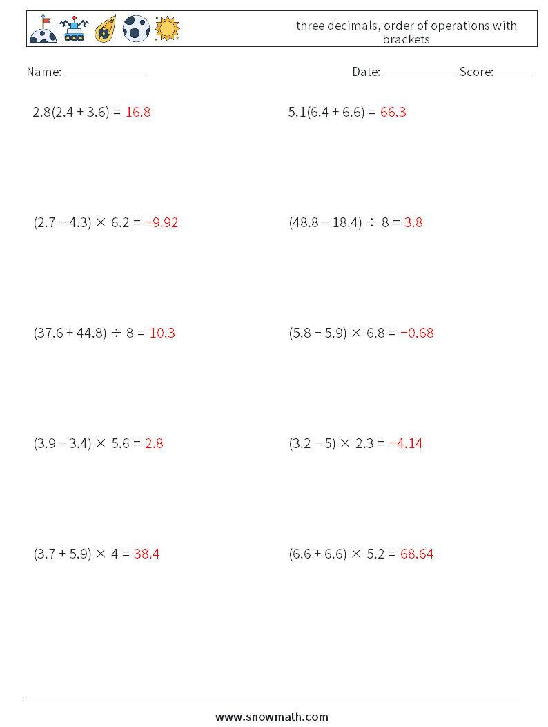 three decimals, order of operations with brackets Math Worksheets 18 Question, Answer