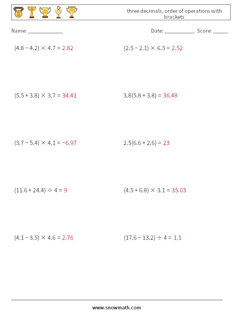 three decimals, order of operations with brackets Math Worksheets 1 Question, Answer