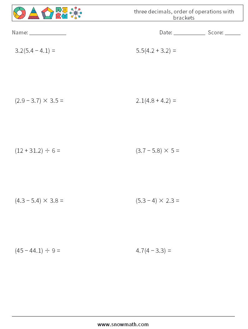 three decimals, order of operations with brackets Math Worksheets 3