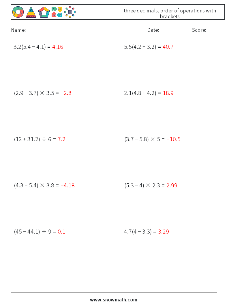 three decimals, order of operations with brackets Math Worksheets 3 Question, Answer