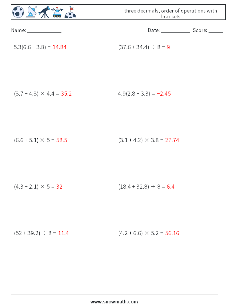 three decimals, order of operations with brackets Math Worksheets 4 Question, Answer