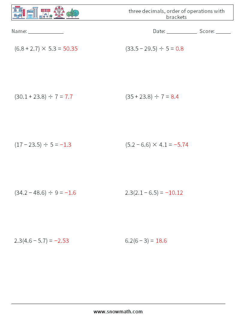 three decimals, order of operations with brackets Math Worksheets 5 Question, Answer