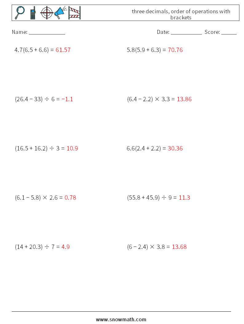 three decimals, order of operations with brackets Math Worksheets 6 Question, Answer