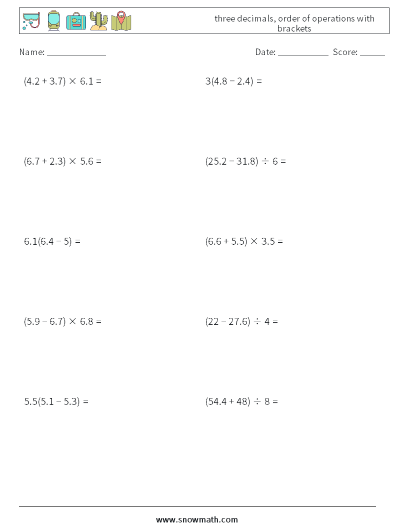 three decimals, order of operations with brackets Math Worksheets 8