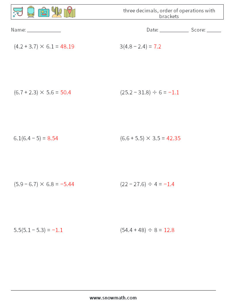 three decimals, order of operations with brackets Math Worksheets 8 Question, Answer