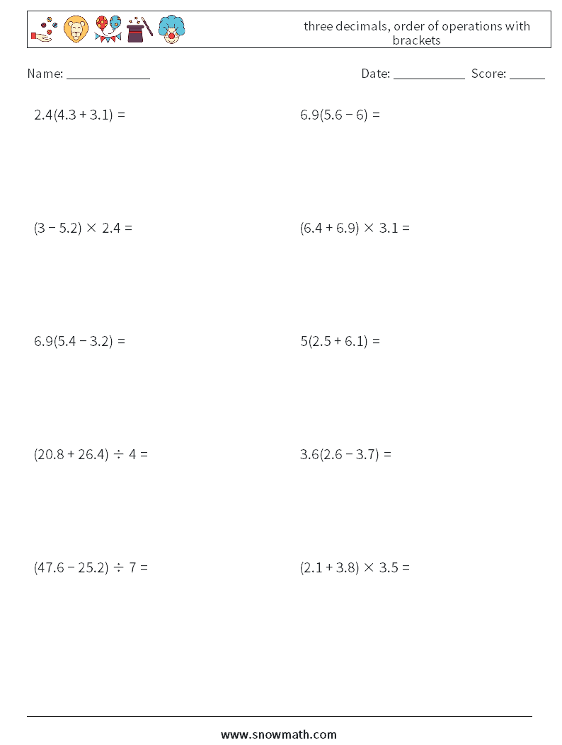 three decimals, order of operations with brackets Math Worksheets 9