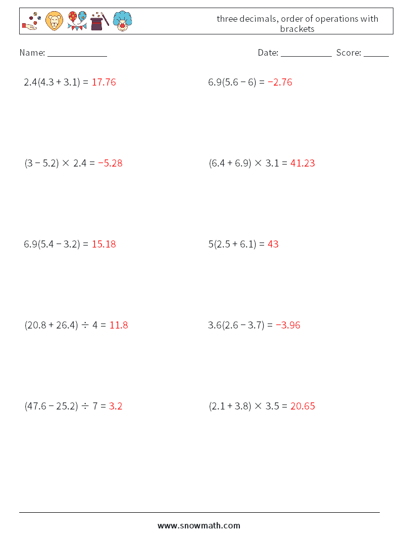 three decimals, order of operations with brackets Math Worksheets 9 Question, Answer