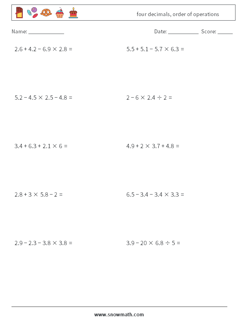 four decimals, order of operations Math Worksheets 10