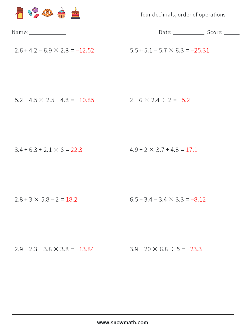 four decimals, order of operations Math Worksheets 10 Question, Answer