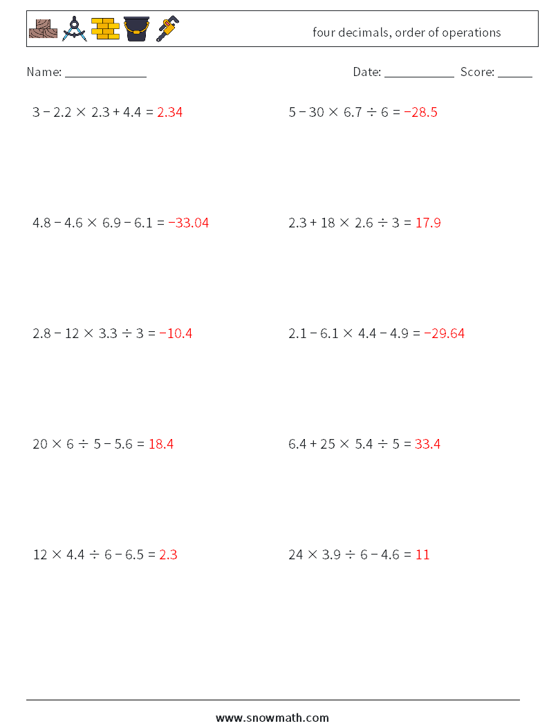 four decimals, order of operations Math Worksheets 11 Question, Answer