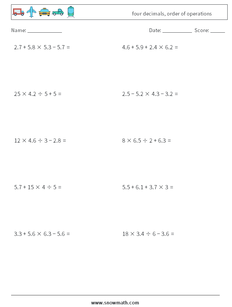 four decimals, order of operations Math Worksheets 13