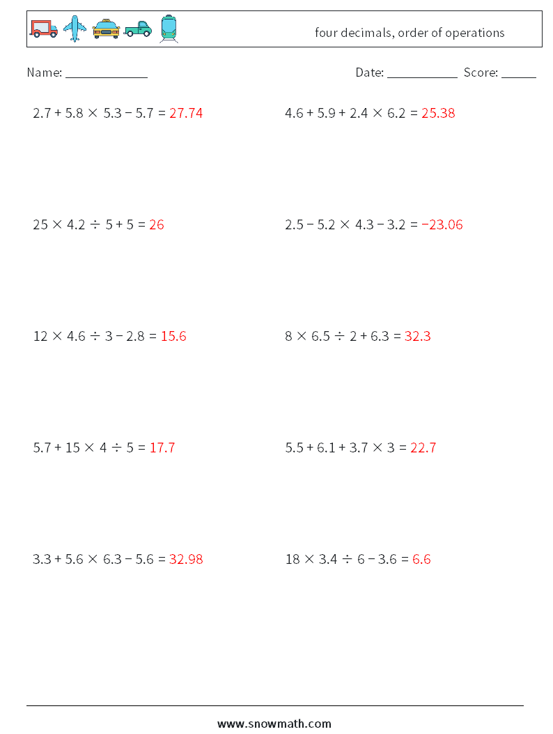 four decimals, order of operations Math Worksheets 13 Question, Answer