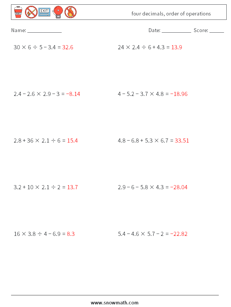 four decimals, order of operations Math Worksheets 14 Question, Answer