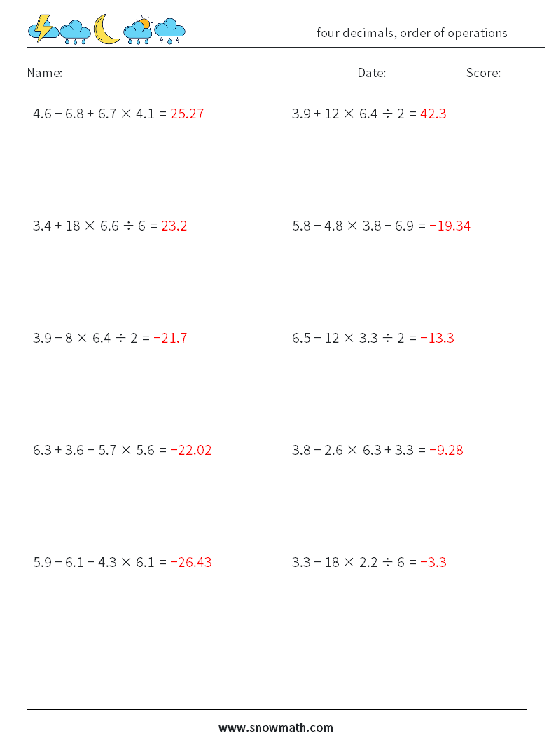 four decimals, order of operations Math Worksheets 15 Question, Answer