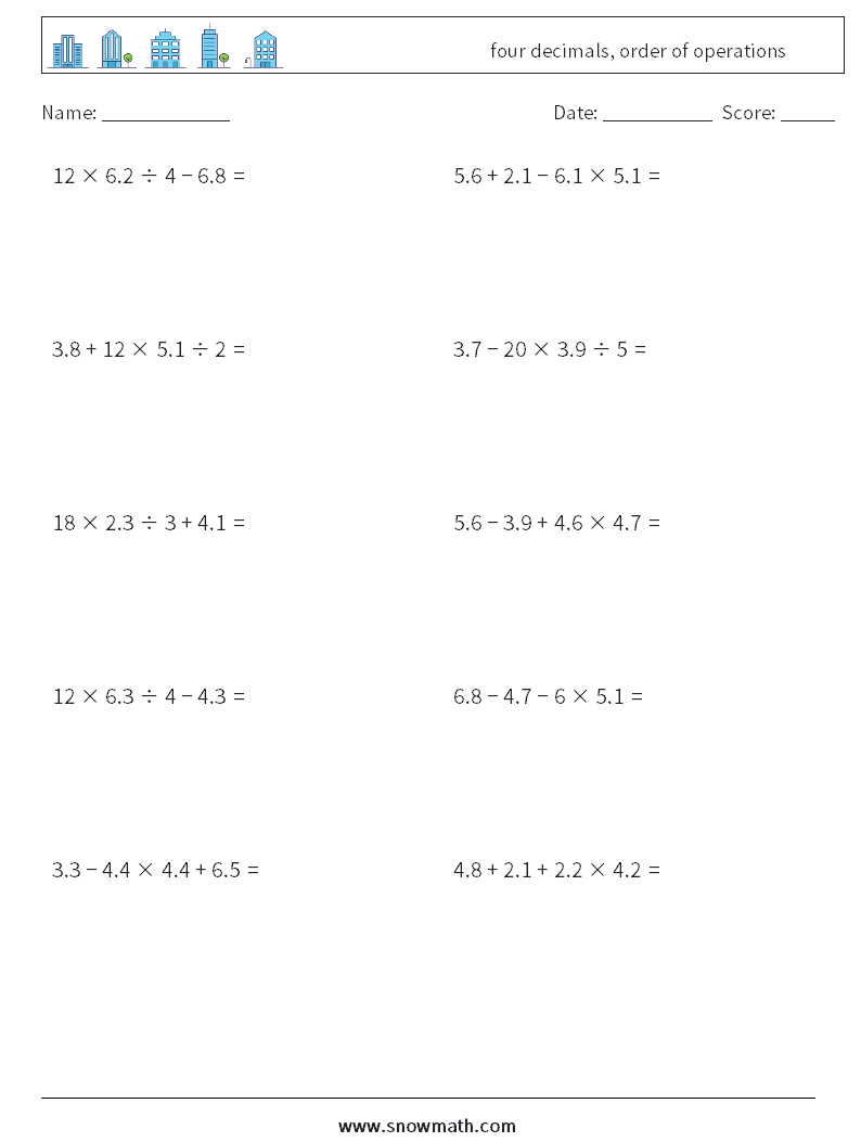 four decimals, order of operations Math Worksheets 16