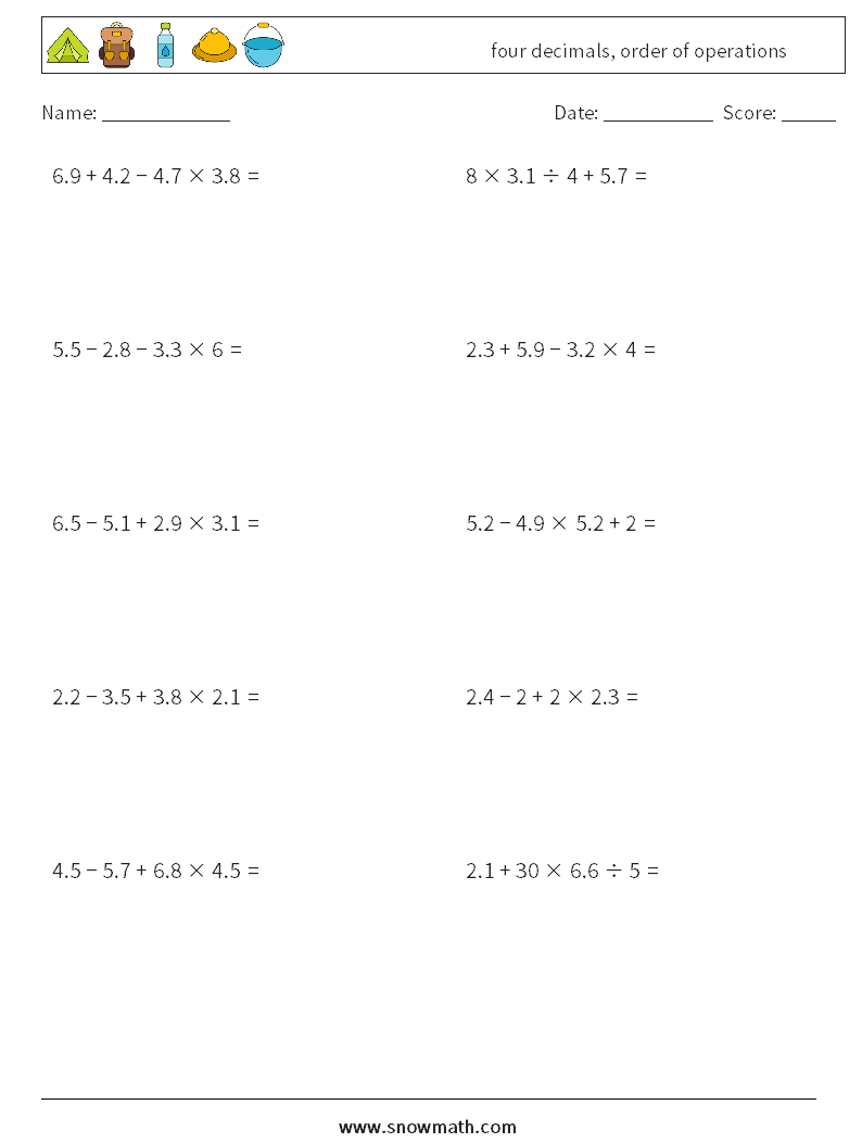 four decimals, order of operations Math Worksheets 17