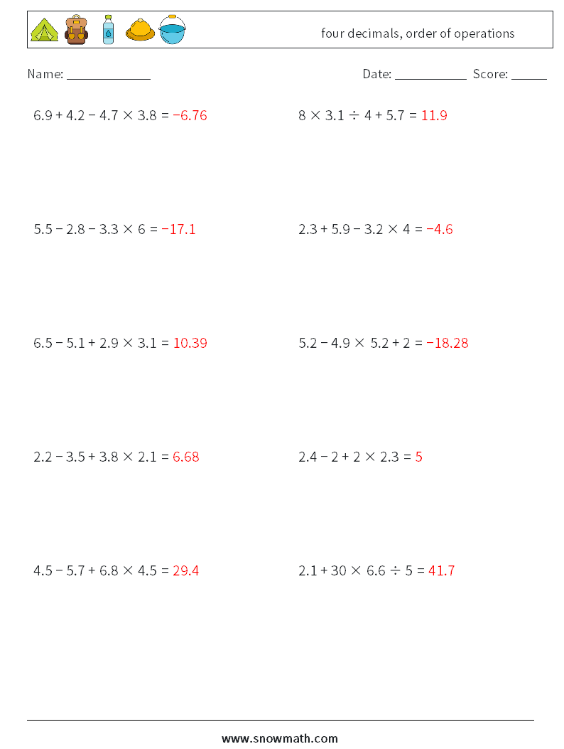 four decimals, order of operations Math Worksheets 17 Question, Answer