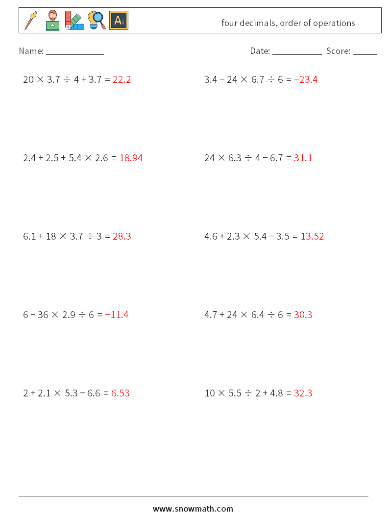 four decimals, order of operations Math Worksheets 1 Question, Answer