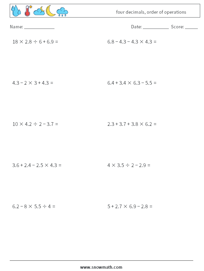four decimals, order of operations Math Worksheets 2