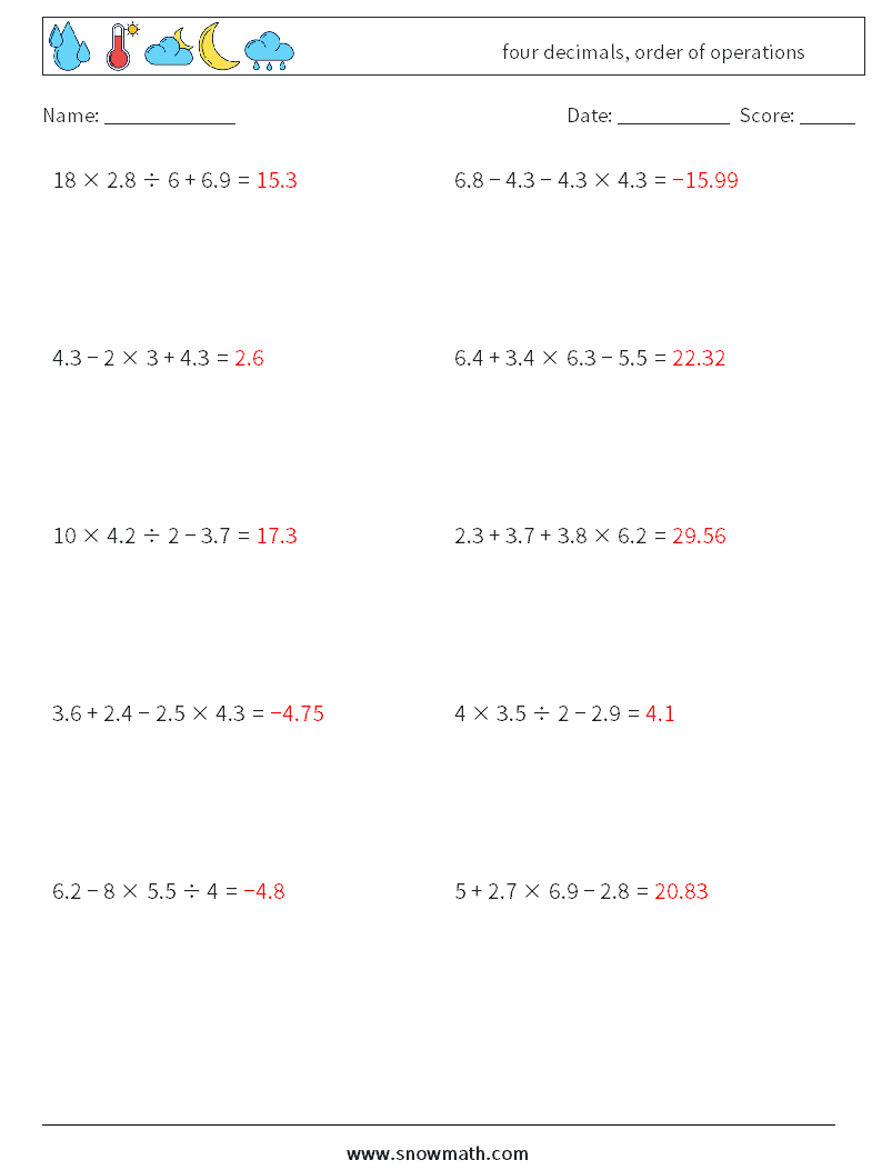 four decimals, order of operations Math Worksheets 2 Question, Answer