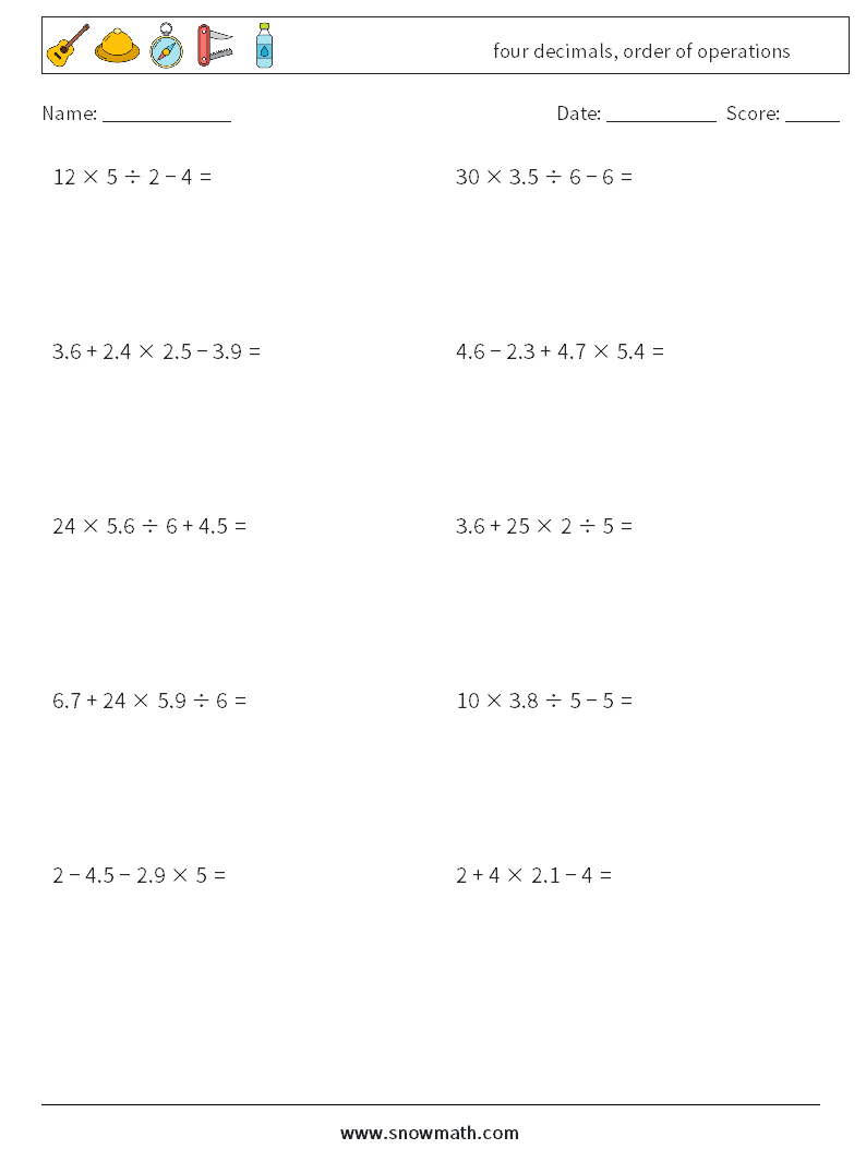 four decimals, order of operations Math Worksheets 3