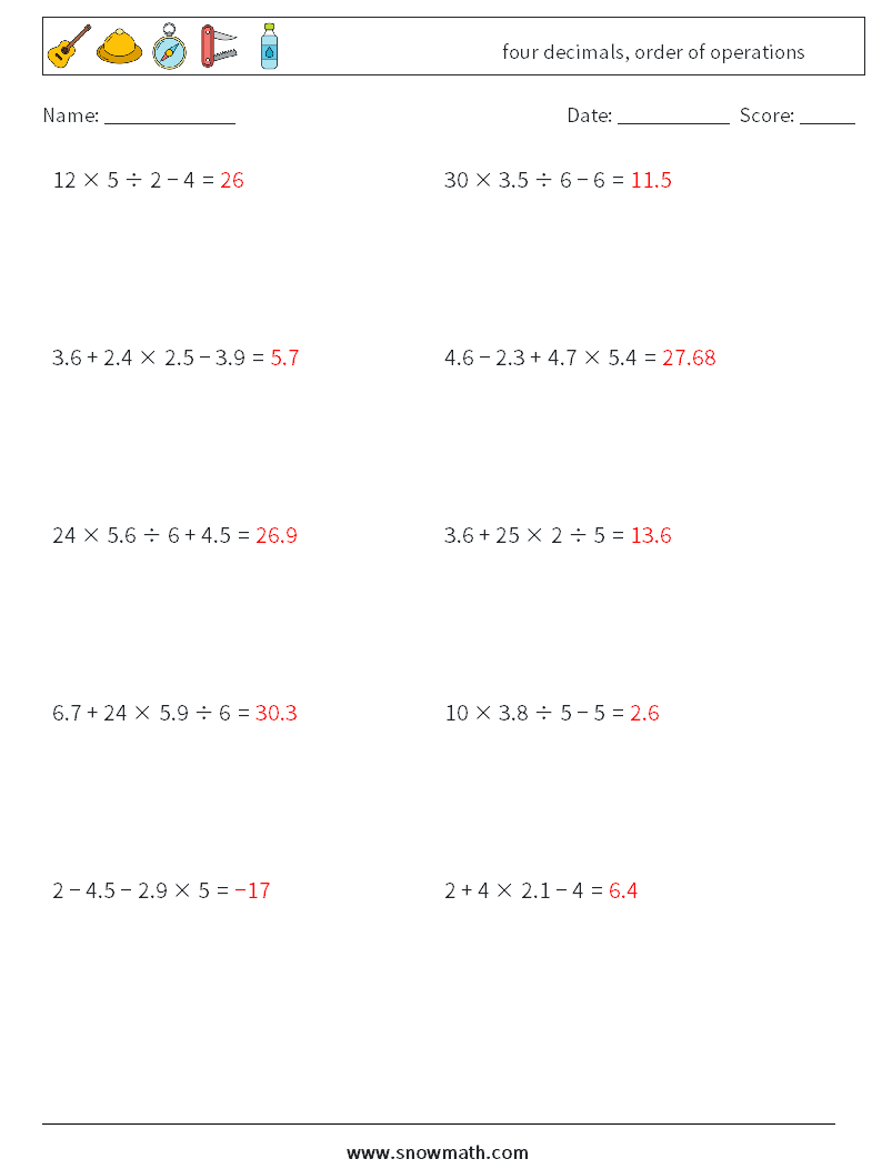 four decimals, order of operations Math Worksheets 3 Question, Answer