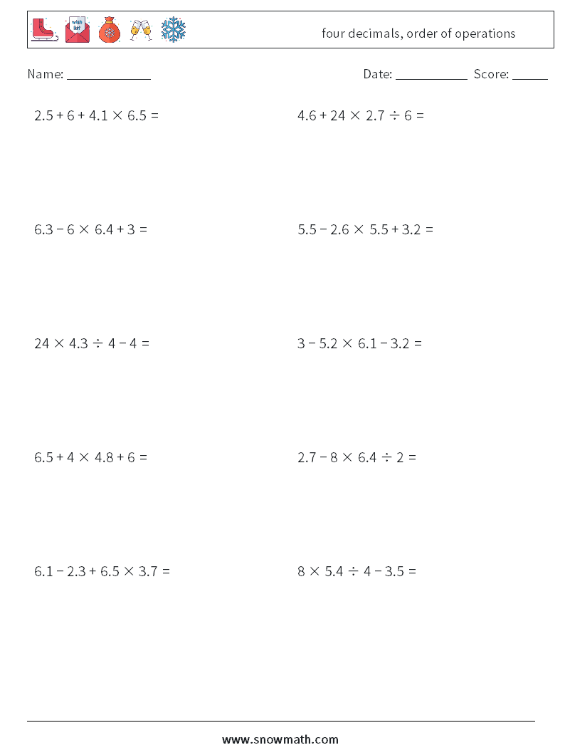 four decimals, order of operations Math Worksheets 5