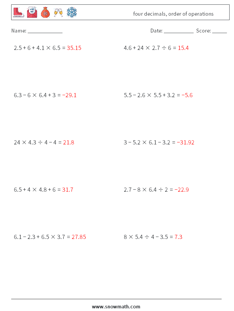 four decimals, order of operations Math Worksheets 5 Question, Answer