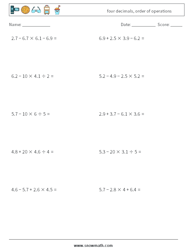 four decimals, order of operations Math Worksheets 6