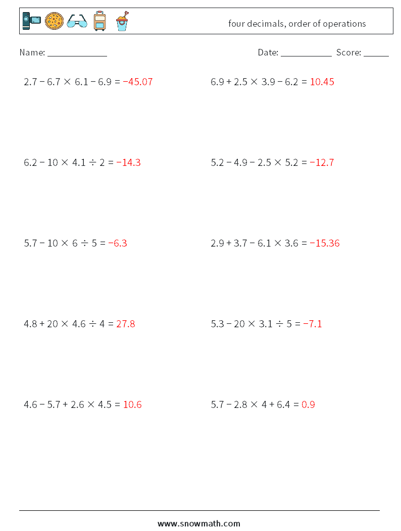 four decimals, order of operations Math Worksheets 6 Question, Answer