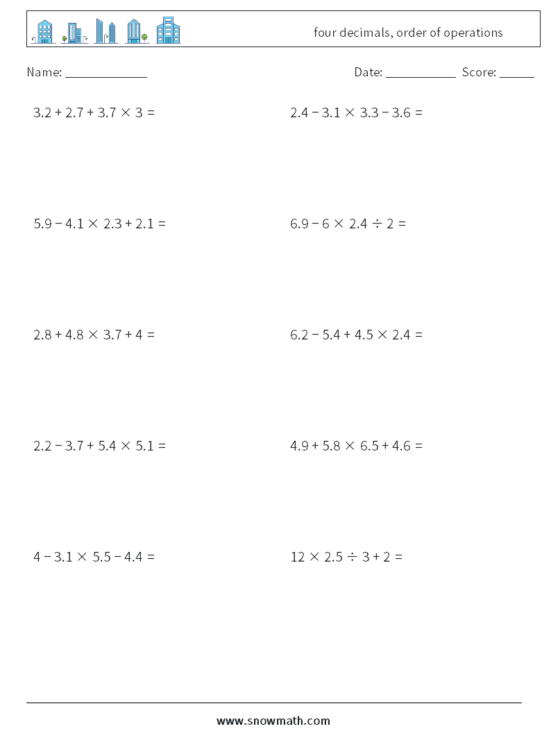 four decimals, order of operations Math Worksheets 7