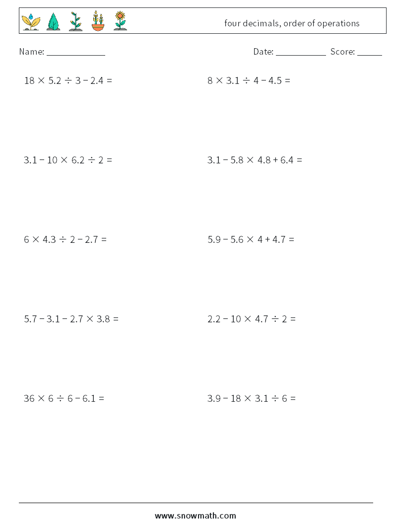 four decimals, order of operations Math Worksheets 8