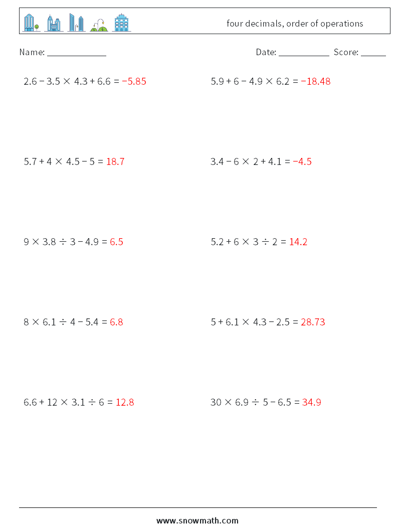 four decimals, order of operations Math Worksheets 9 Question, Answer