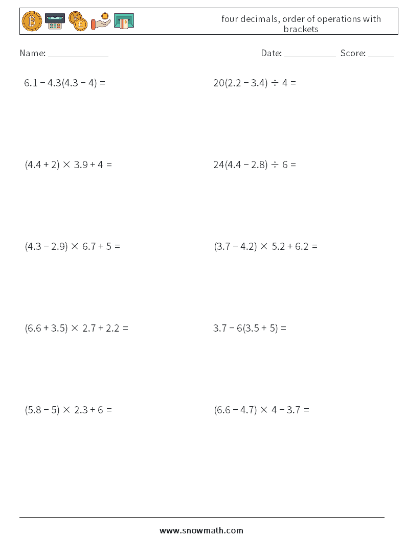 four decimals, order of operations with brackets Math Worksheets 12