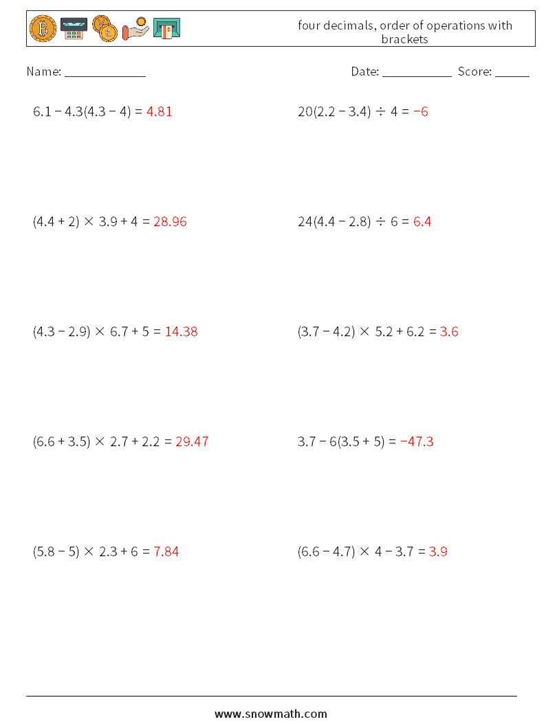 four decimals, order of operations with brackets Math Worksheets 12 Question, Answer