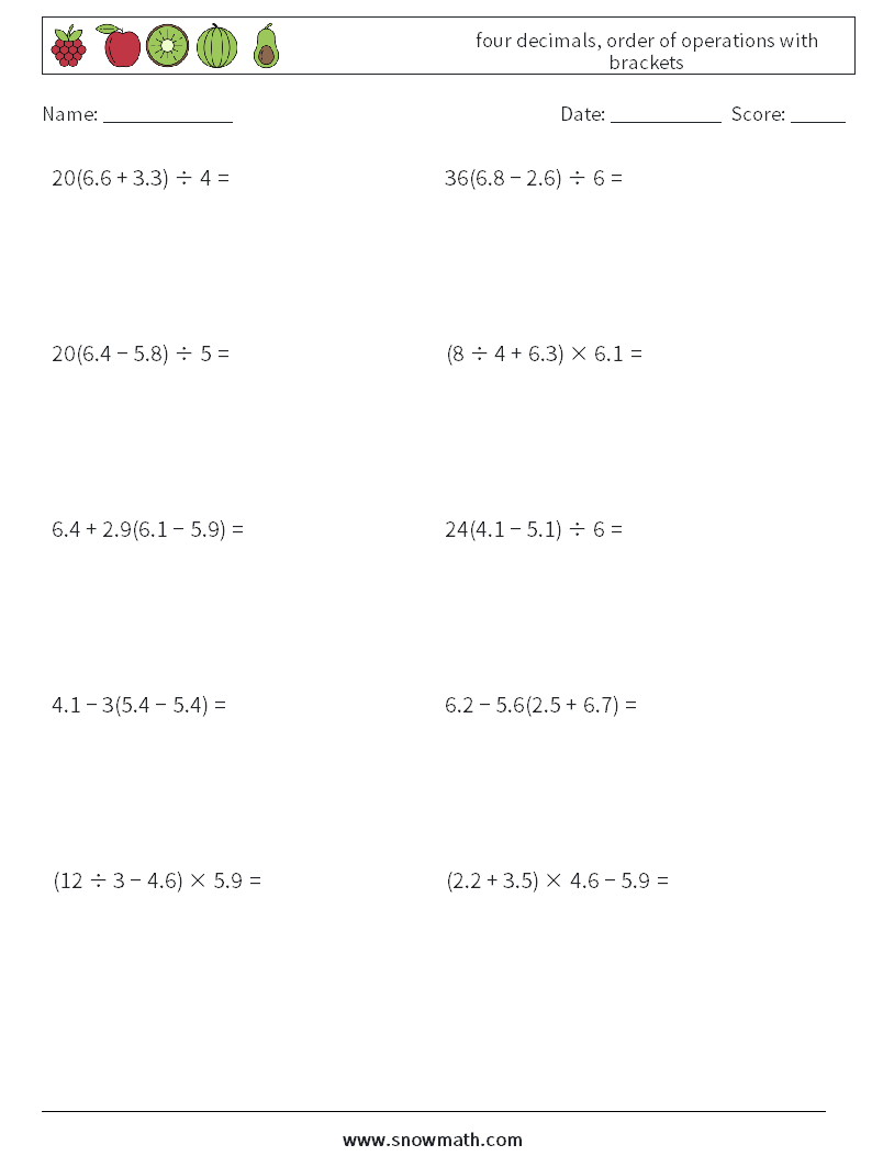 four decimals, order of operations with brackets Math Worksheets 13