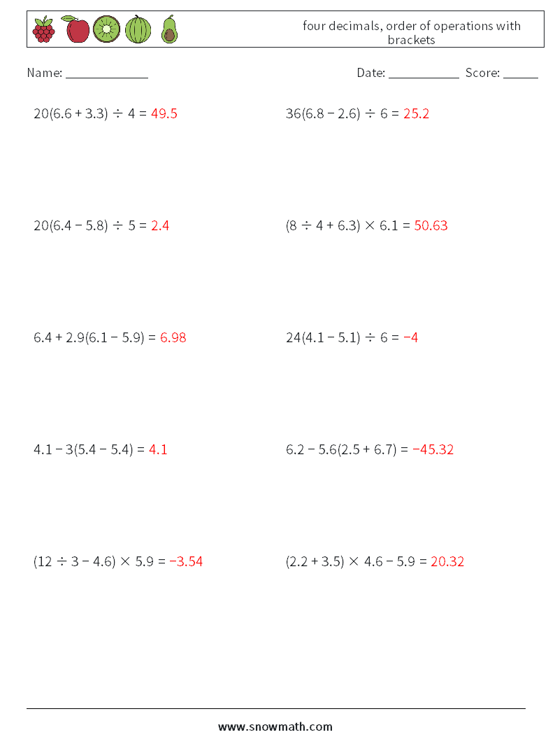 four decimals, order of operations with brackets Math Worksheets 13 Question, Answer