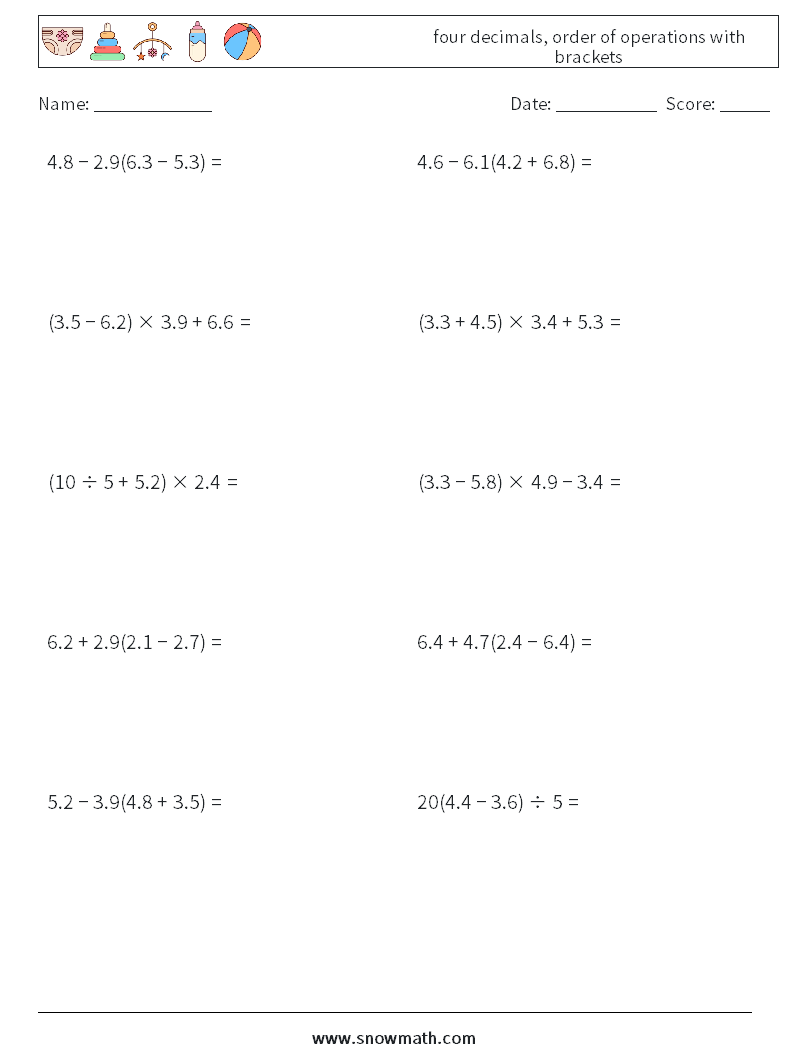 four decimals, order of operations with brackets Math Worksheets 14